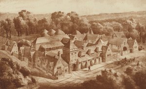 Godsbygninger og staller, Clipsham, Rutland (litografi) av English School