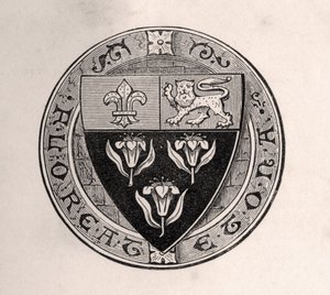 Eton-skjold lagt over roundel med skolemotto, illustrasjon fra Memoirs of Eminent Etonians, av Sir Edward Creasy publisert London 1876 av English School