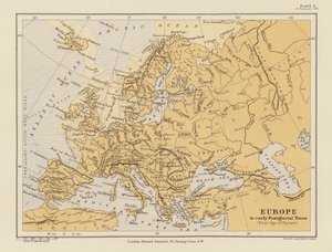 Europa i tidlig postglacial tid (fargelitografi) av English School