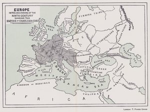 Europa, i begynnelsen av det niende århundre som viser Karl den stores imperium (fargelitografi) av English School