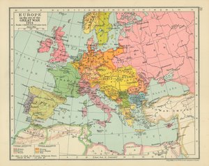 Europa på tampen av den første krigen 1914 (fargelitografi) av English School