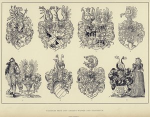 Eksempler fra Jost Ammans våpenskjold og familiebok (litho) av English School