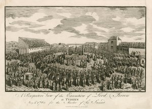 Henrettelsen av Lord Ferrers i Tyburn, 5. mai 1760, for drapet på hans forvalter (gravering) av English School