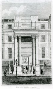 Exeter Hall, Strand, London fra Gentlemans Magazine av English School