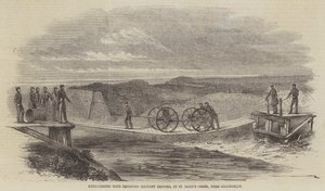 Eksperimenter med forbedrede militære broer, ved St Mary's Creek, nær Gillingham (gravering) av English School