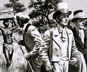 Oppdagelsesreisende drar til Timbuctoo i Afrika mens de trosser den tropiske varmen i klær som kun passer for Storbritannia (gouache på papir) av English School