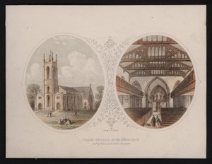 Utvendig og indre utsikt over Christ Church, Harrogate, Yorkshire (farget gravering) av English School