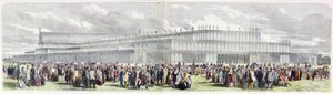 Eksteriør av Crystal Palace reist i Hyde Park for utstillingen av alle nasjoners industri (farget gravering) av English School