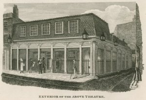 Eksteriør av Royal Olympic Theatre, Wych Street, nær Drury Lane, London av English School