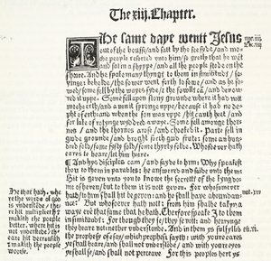 Faksimile av St. Matthews Evangelium, kapittel XIII, vers 1-15, fra Tyndales Testament, illustrasjon fra The History of Protestantism av James Aitken Wylie (1808-1890), pub. 1878 av English School