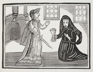Fair Rosamond blir forgiftet av dronning Eleanor, illustrasjon fra Chap-books of the Eighteenth Century av John Ashton, pub. 1882 av English School