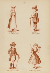 Fancy dress-antrekk: Pillar Post, Puritan, Old Fashioned Bean, Harlequinette (litho) av English School