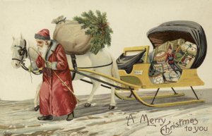 Julenissen trekker en slede med gaver av English School