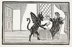 Faustus advart av Ånden om å forvente hans slutt, illustrasjon fra Chap-books of the Eighteenth Century av John Ashton, pub. 1882 av English School