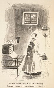 Kvinnelig domfelt i lerretskjole (under straff for å ha revet klærne hennes), illustrasjon fra The Criminal Prisons of London og Scenes from Prison Life av Henry Mayhew og John Binny, pub. 1862 (eng av English School