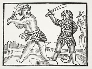 Ferragus reiser en mektig hær og beleirer byen Acquitain, illustrasjon fra Chap-books of the Eighteenth Century av John Ashton, pub. 1882 av English School