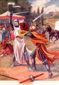 Fighting Knights in Armour. Farget illustrasjon fra boken The Gateway to Tennyson utgitt 1910. av English School