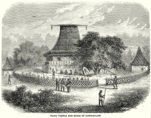 Fijiansk tempel og scene med kannibalisme (gravering) av English School
