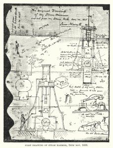 Første tegning av Steam Hammer, 24. november 1839 (gravering) av English School