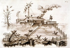 Fiske med skarv ved bruk av en vannbåt og inngjerdet innhegning, illustrasjon fra 