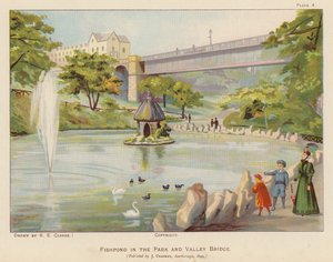 Fiskedam i parken og Valley Bridge, Scarborough (fargelitografi) av English School