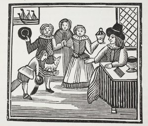Fitzwarren mottar sine tjenere ventures, illustrasjon fra Chap-books of the Eighteenth Century av John Ashton, pub. 1882 av English School