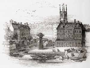 Fleet Ditch, London, England i 1749 på punktet der den løp inn i Themsen ved Bridewell, fra Old England: A Pictorial Museum, pub. 1847 av English School