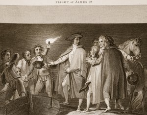 Flight of James 2nd, illustrasjon fra David Humes The History of England, pub. av R. Bowyer, London, 1812 av English School