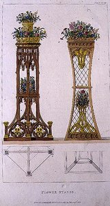 Blomsterstativer, plate 163 fra Ackermanns Kunstarkiv, utgitt 1809-28 (farge litho) av English School