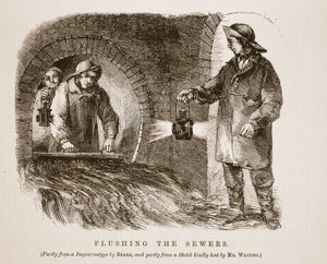 Å spyle kloakken, dels fra daguerreotypien av Richard Beard og dels fra en skisse som er vennlig utlånt av Mr. Whiting, illustrasjon fra London Labour og London Poor av Henry Mayhew, pub. 1862 (lit av English School
