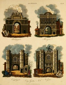Fire byporter: Bishopsgate, Moorgate, Cripplegate og Newgate, gravert av J. Pass, pub. av G. Jones av English School