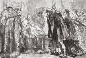 Francis I på dødsleiet, illustrasjon fra The History of Protestantism av James Aitken Wylie (1808-1890), pub. 1878 av English School