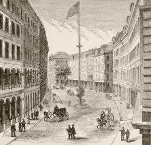 Franklin Street, Boston, Massachusetts på 1870-tallet (litho) av English School