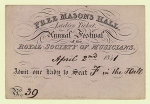 Free Masons Hall, Ladies Ticket, Annual Festival, Royal Society of Musicians, 2. april 1841 av English School