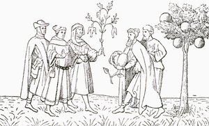 Friar Oderic fra Pordenone som holder en gren fra et tre som fugler vokser på, og blir vist etter tur av den lokale kongen, Lammetreet fra Tartary, som viser et lam som dukker opp, illustrasjon fra The Strand Magaz av English School