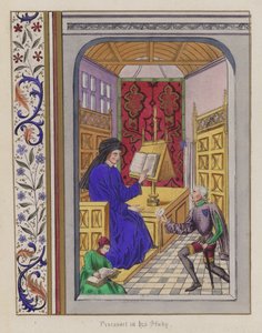 Froissart i hans arbeidsrom (farget gravering) av English School