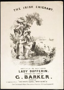 Forside av musikkpartitur til The Irish Immigrant, skrevet av Lady Dufferin, komponert av G. Barker av English School