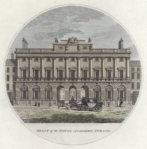 Foran The Royal Academy, Strand, London (farget gravering) av English School