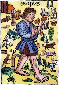 Frontispice av ""Fables"" av Aesop, utgaver trykt i England av William Caxton (1422? - 1491). av English School