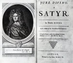 Frontispice og tittelside for Jure Divino: A Satyr av Daniel Defoe, utgitt 1706 av English School