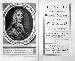 Frontispice og tittelside til Gullivers reiser av Jonathan Swift, 1726 av English School