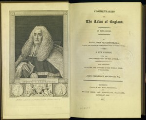 Frontispice og tittelside fra Commentaries on the Laws of England in Four Books, av Sir William Blackstone, Knt., utgitt av M. og S. Brooke, London, 1811