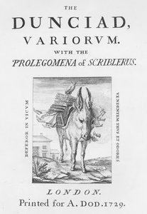 Frontispice og tittelside til The Dunciad Variorum av Alexander Pope, 1729 av English School