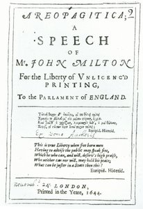 Frontispice av Areopagitica, en tale fra John Milton (1608-74) pub. i 1644 av English School