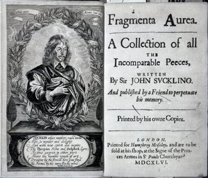 Frontispice of Fragmenta Aurea, A Collection of all the Incomparable Peeces skrevet av Sir John Suckling, utgitt i 1646 av English School