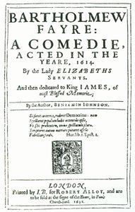 Frontispice til Bartholomew Fayre: En komedie av Benjamin Jonson (15723-1637) 1631 av English School