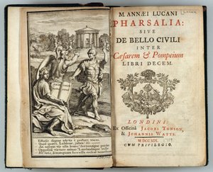 Frontispice til Pharsalia eller The Civil War Between Caesar and Pompey av Marcus Annaeus Lucan (AD 39-65) gravert av J. Cole, 1719 av English School