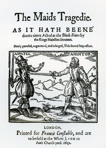 Frontispice til The Maids Tragedy av Sir Francis Beaumont (1584-1616) og John Fletcher (1579-1625) 1622 av English School