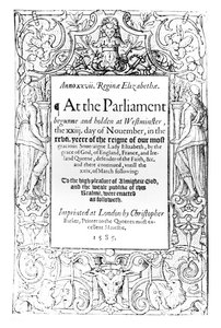 Frontispice til en beretning om parlamentet til dronning Elizabeth holdt mellom 23. november 1584 og 24. mars 1585, trykt av Christopher Barker, 1585 av English School