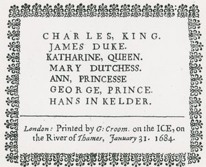 Frostmesse på Themsen, trykt suvenir for kong Charles II og familie, 1684 av English School
